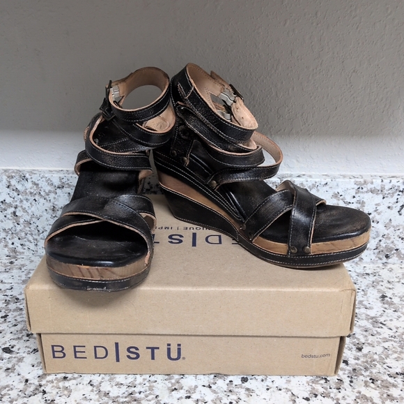 ✨SOLD✨ BedStu Juliana Black Leather Platform Wedge Sandals sz 11 Julianna - Picture 5 of 10